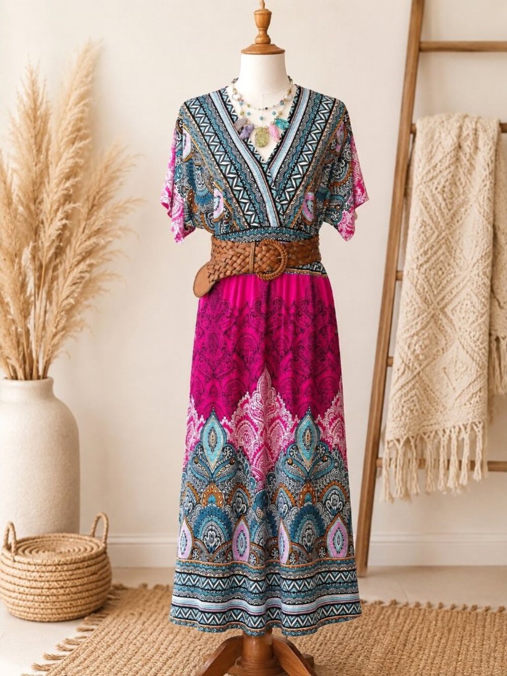 Boho Paisley Maxi Dress Pink Turquoise V-Neck Festival Resort Summer Dress Sz L